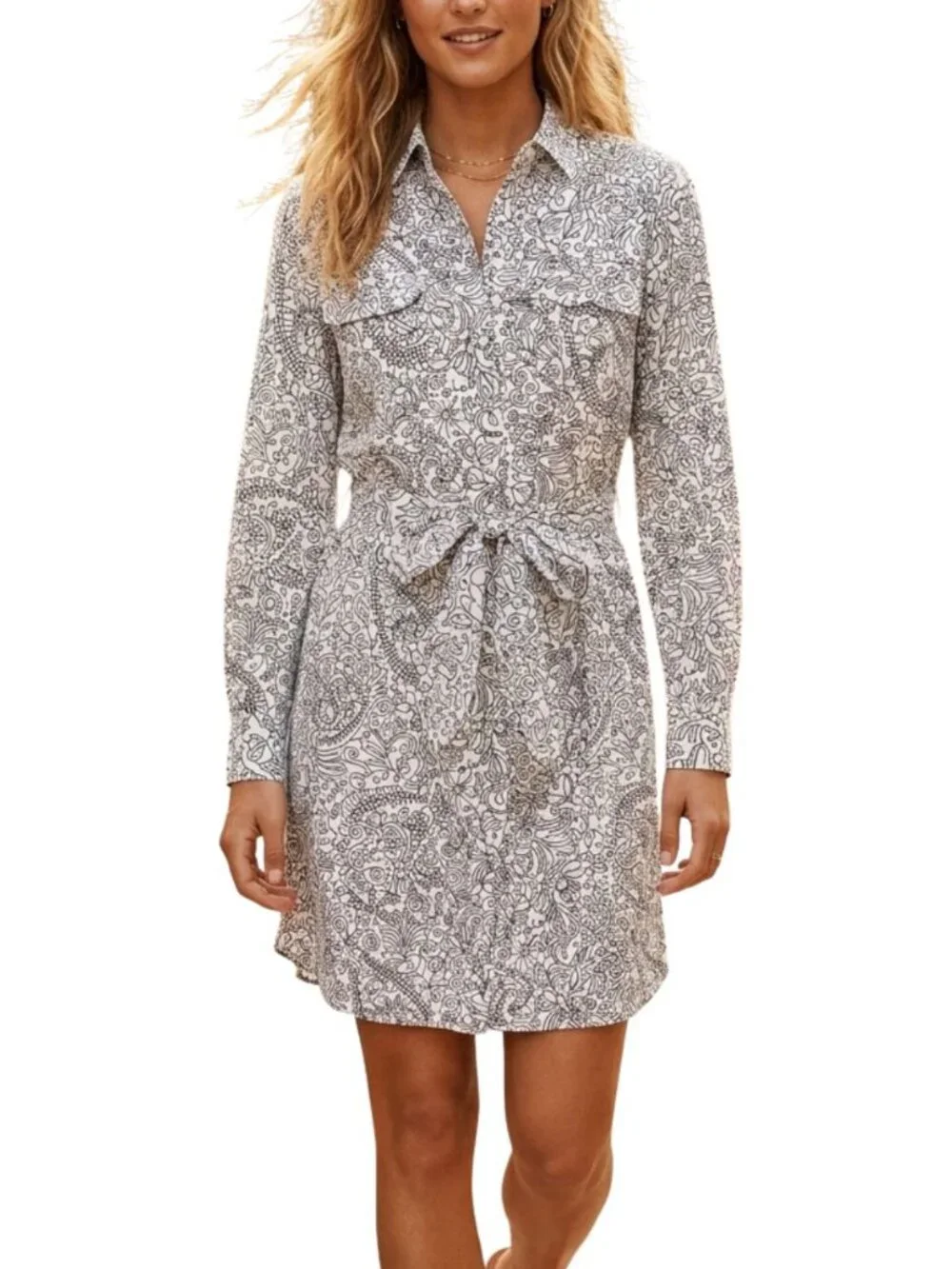 Tory Burch White Black Doodle Print Long Sleeve Shirt Dress Size 4 8616